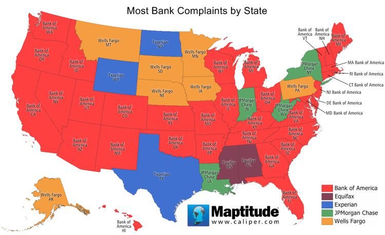 Maptitude map of most bank complaints by state